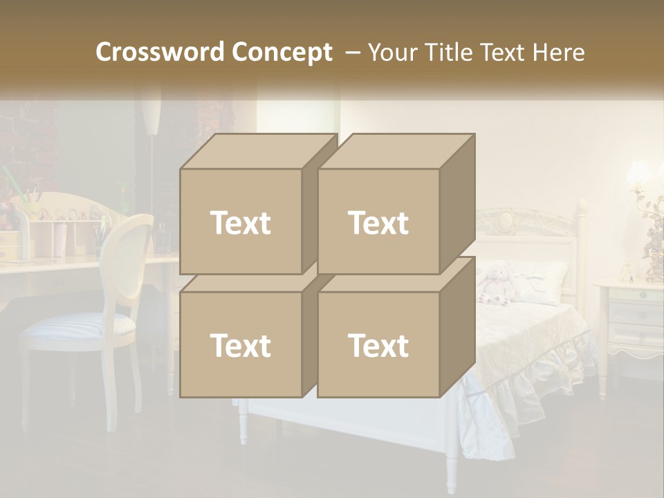 A Bedroom With A Bed, Desk, And Chairs PowerPoint Template