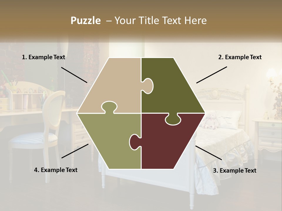 A Bedroom With A Bed, Desk, And Chairs PowerPoint Template