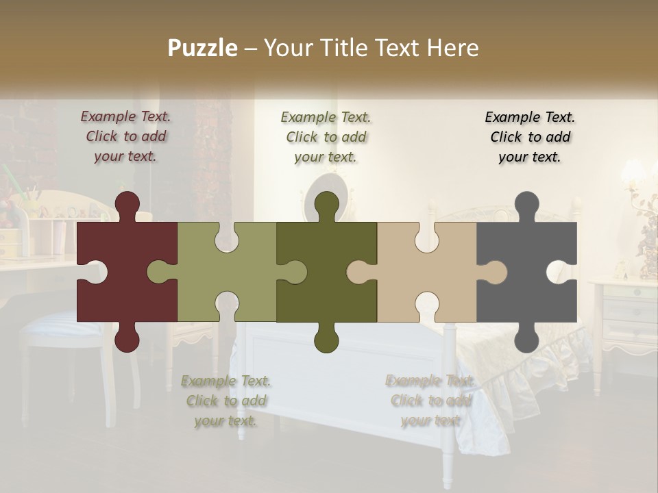 A Bedroom With A Bed, Desk, And Chairs PowerPoint Template