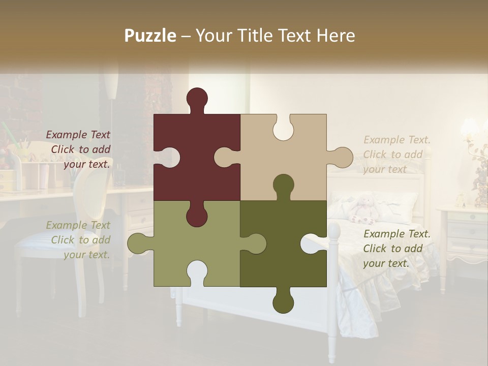 A Bedroom With A Bed, Desk, And Chairs PowerPoint Template