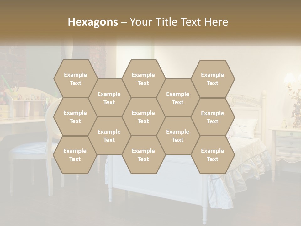 A Bedroom With A Bed, Desk, And Chairs PowerPoint Template