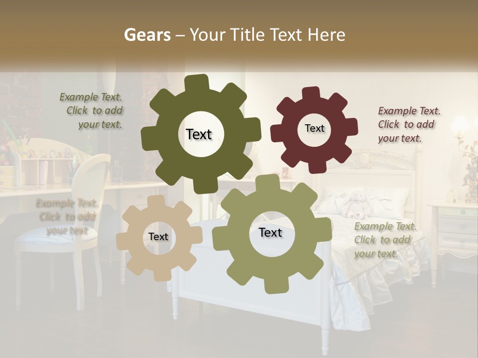 A Bedroom With A Bed, Desk, And Chairs PowerPoint Template