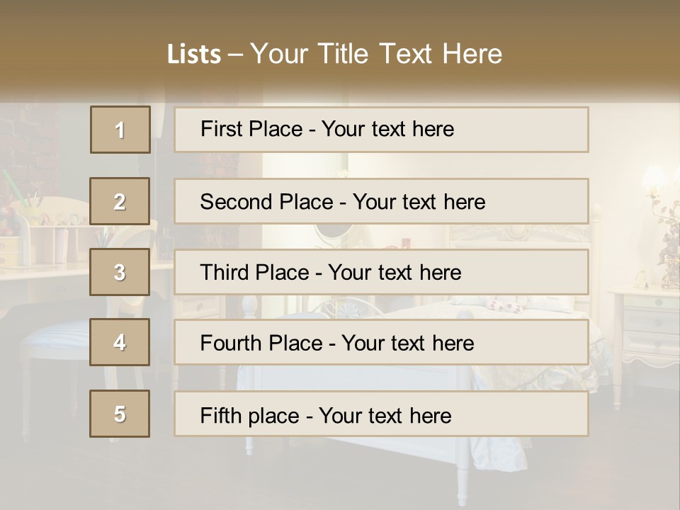 A Bedroom With A Bed, Desk, And Chairs PowerPoint Template
