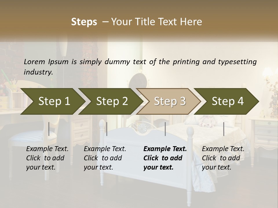 A Bedroom With A Bed, Desk, And Chairs PowerPoint Template