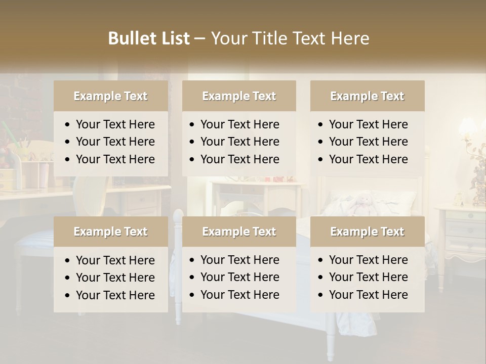 A Bedroom With A Bed, Desk, And Chairs PowerPoint Template