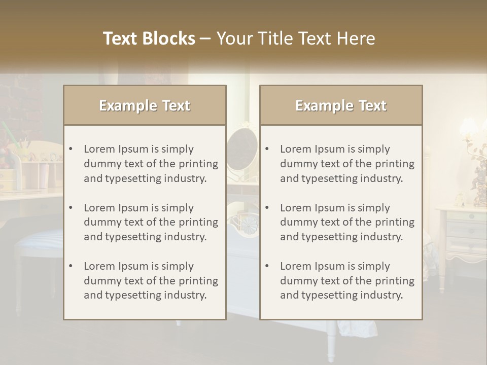 A Bedroom With A Bed, Desk, And Chairs PowerPoint Template