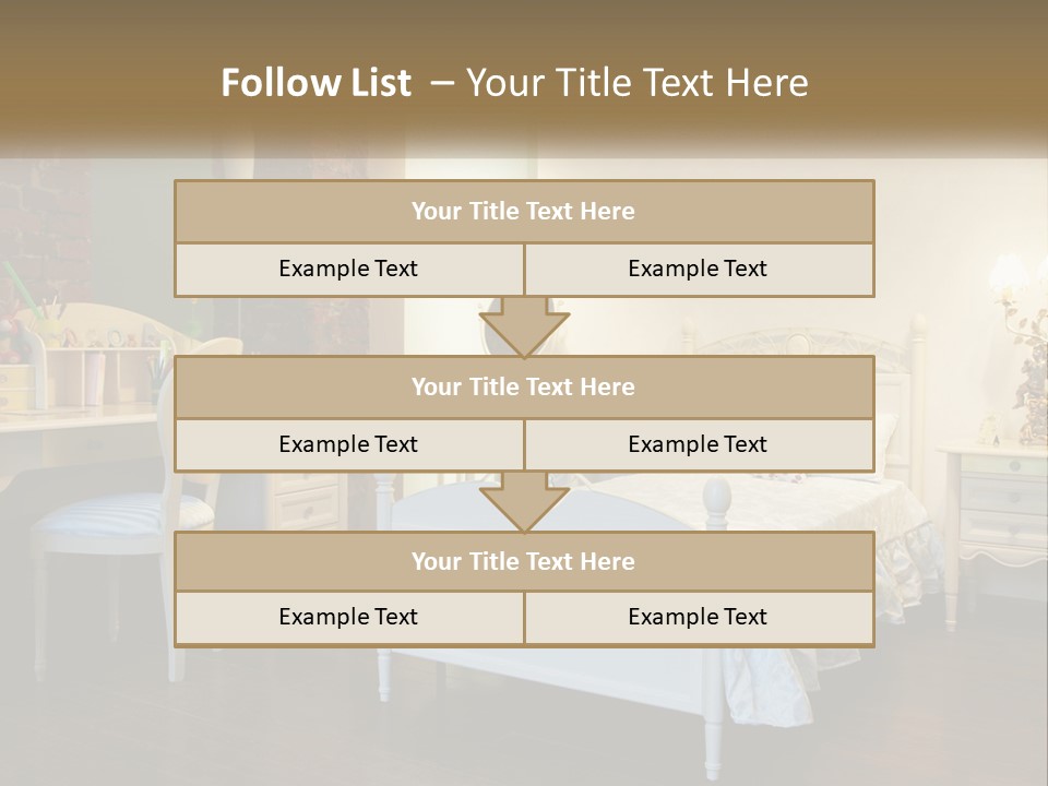 A Bedroom With A Bed, Desk, And Chairs PowerPoint Template