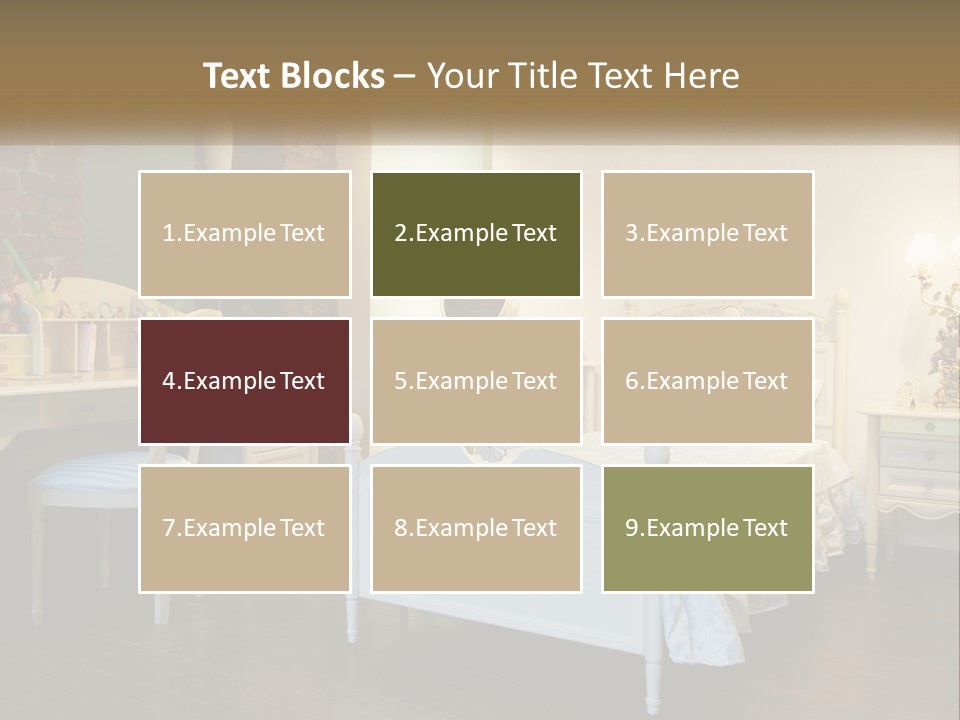 A Bedroom With A Bed, Desk, And Chairs PowerPoint Template