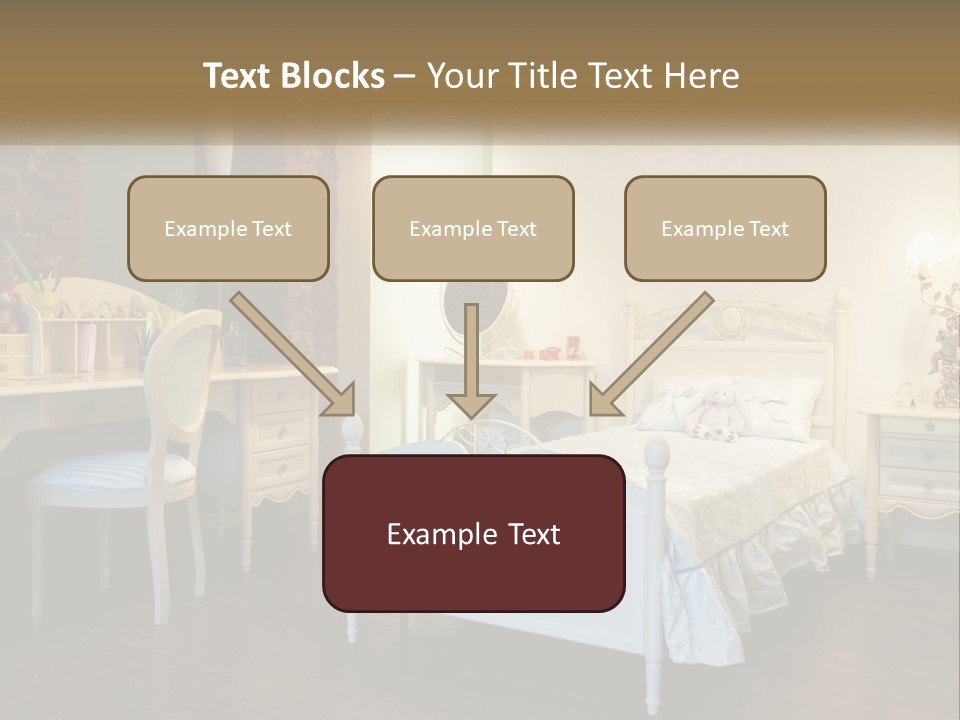 A Bedroom With A Bed, Desk, And Chairs PowerPoint Template