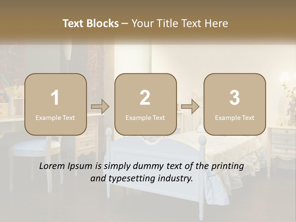 A Bedroom With A Bed, Desk, And Chairs PowerPoint Template
