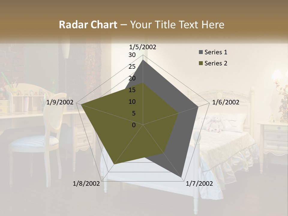 A Bedroom With A Bed, Desk, And Chairs PowerPoint Template