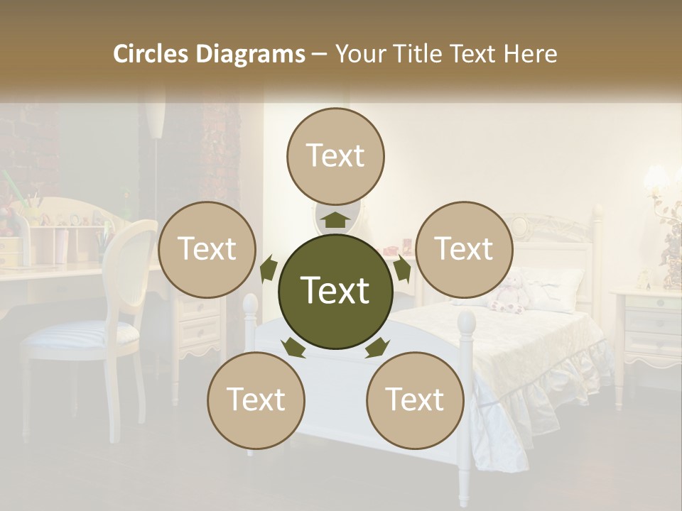 A Bedroom With A Bed, Desk, And Chairs PowerPoint Template