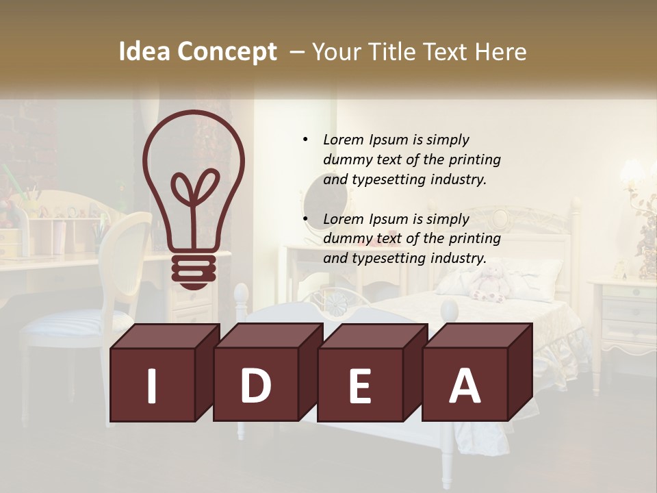 A Bedroom With A Bed, Desk, And Chairs PowerPoint Template