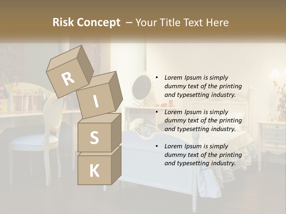 A Bedroom With A Bed, Desk, And Chairs PowerPoint Template