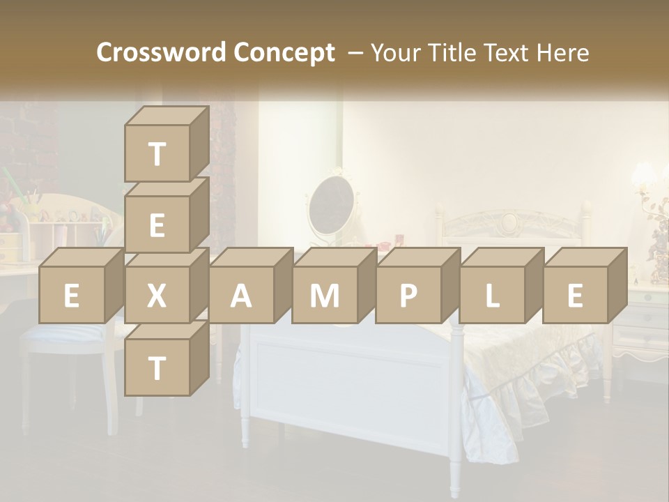 A Bedroom With A Bed, Desk, And Chairs PowerPoint Template