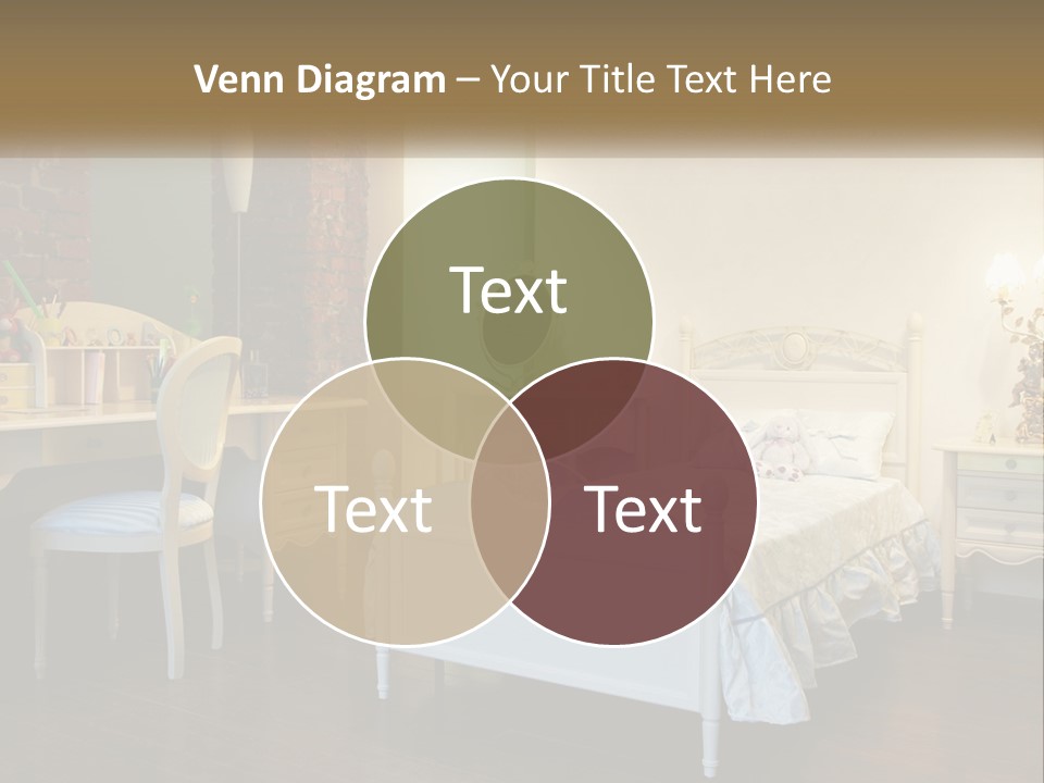 A Bedroom With A Bed, Desk, And Chairs PowerPoint Template