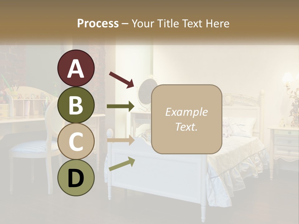A Bedroom With A Bed, Desk, And Chairs PowerPoint Template