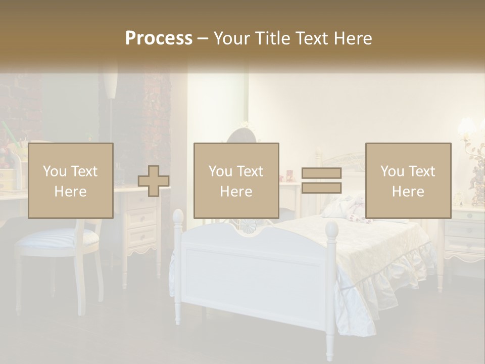 A Bedroom With A Bed, Desk, And Chairs PowerPoint Template