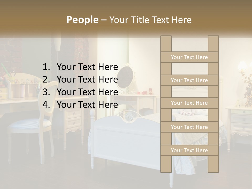 A Bedroom With A Bed, Desk, And Chairs PowerPoint Template
