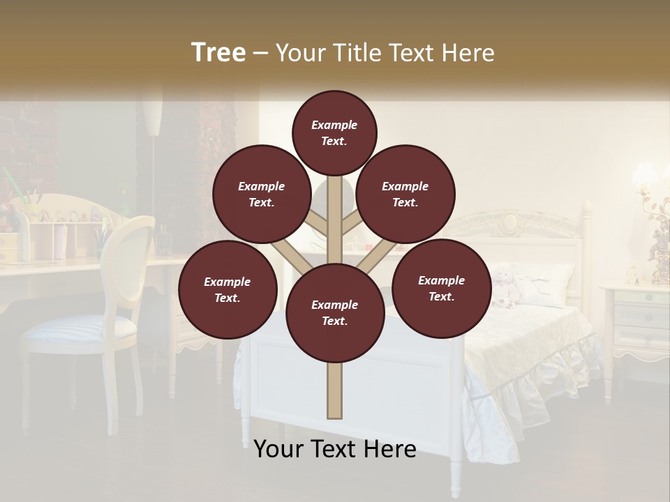 A Bedroom With A Bed, Desk, And Chairs PowerPoint Template