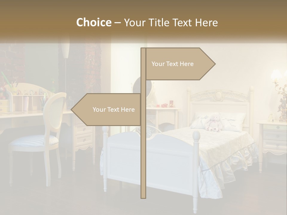 A Bedroom With A Bed, Desk, And Chairs PowerPoint Template