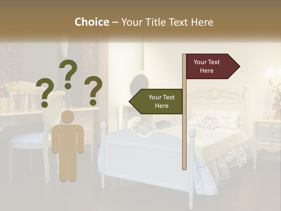 A Bedroom With A Bed, Desk, And Chairs PowerPoint Template