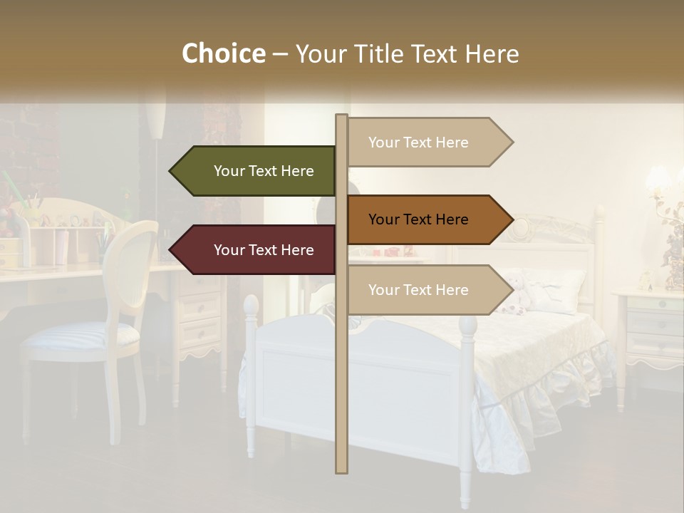 A Bedroom With A Bed, Desk, And Chairs PowerPoint Template