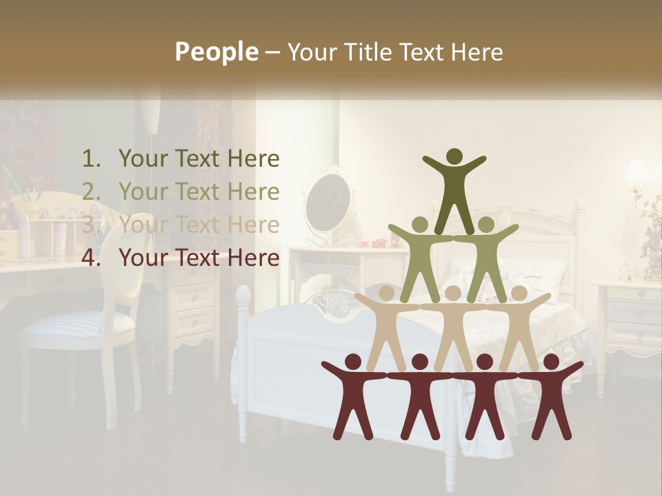 A Bedroom With A Bed, Desk, And Chairs PowerPoint Template