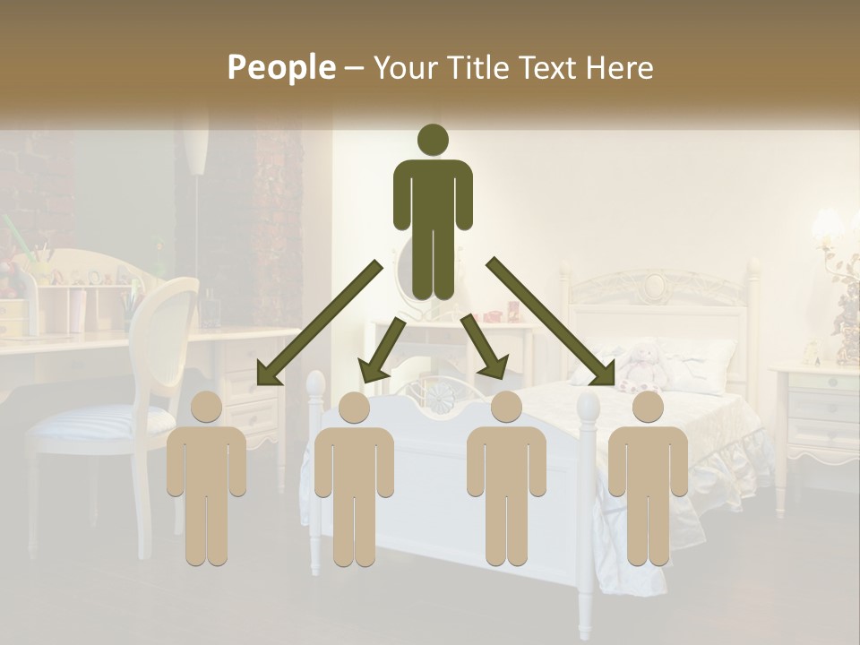 A Bedroom With A Bed, Desk, And Chairs PowerPoint Template