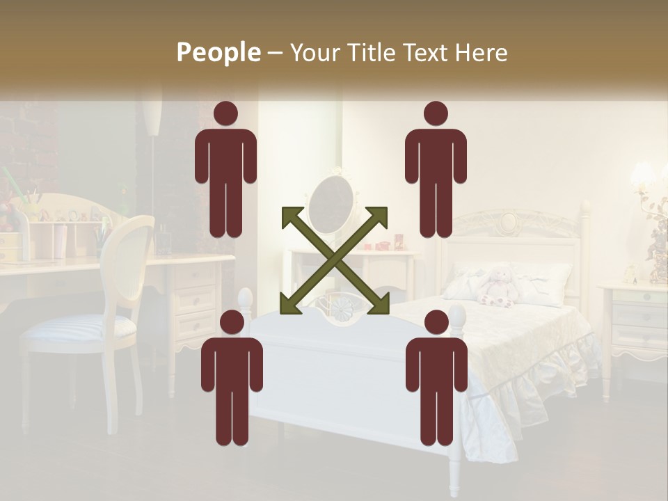 A Bedroom With A Bed, Desk, And Chairs PowerPoint Template