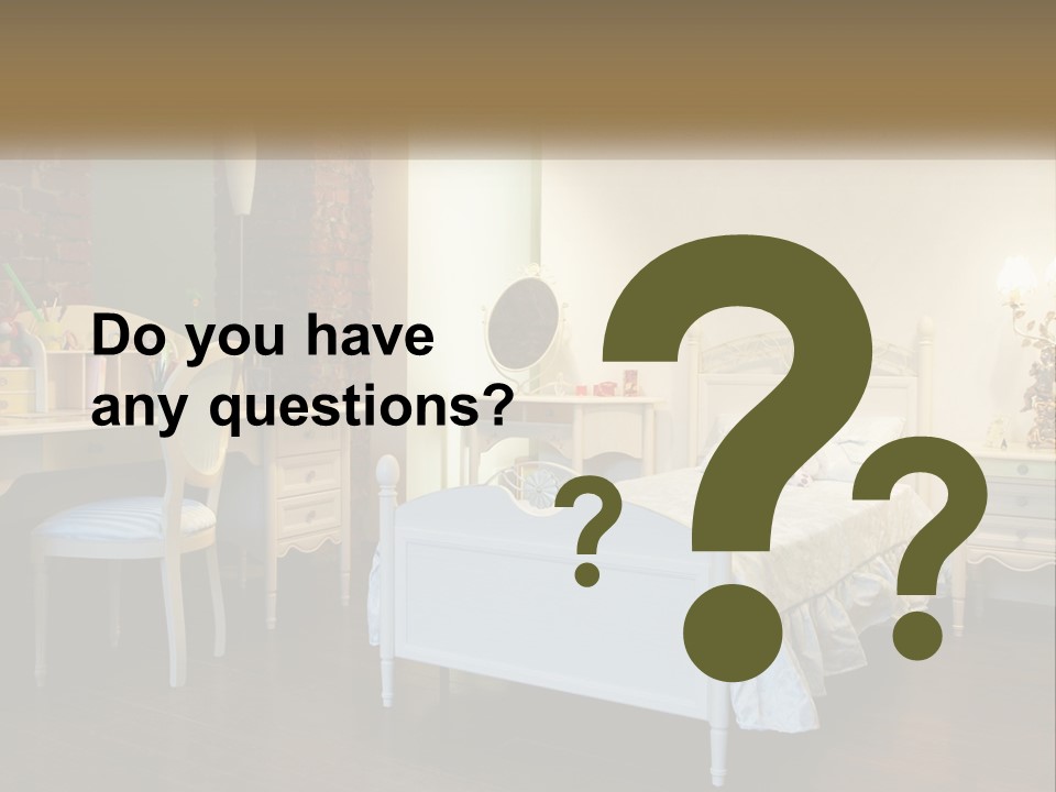 A Bedroom With A Bed, Desk, And Chairs PowerPoint Template