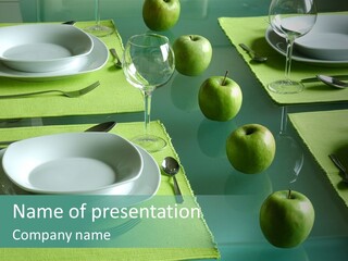 A Table Set With Place Settings And Green Apples PowerPoint Template