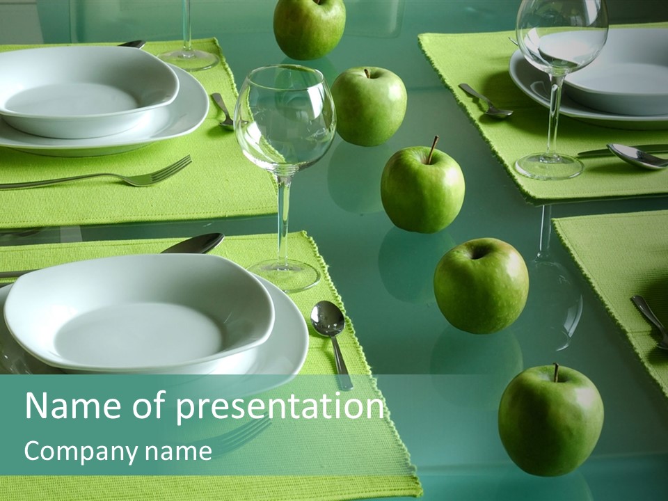 A Table Set With Place Settings And Green Apples PowerPoint Template