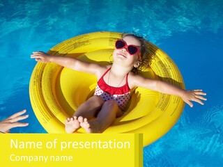 A Little Girl In A Red Swimsuit Floating On A Raft In A Pool PowerPoint Template