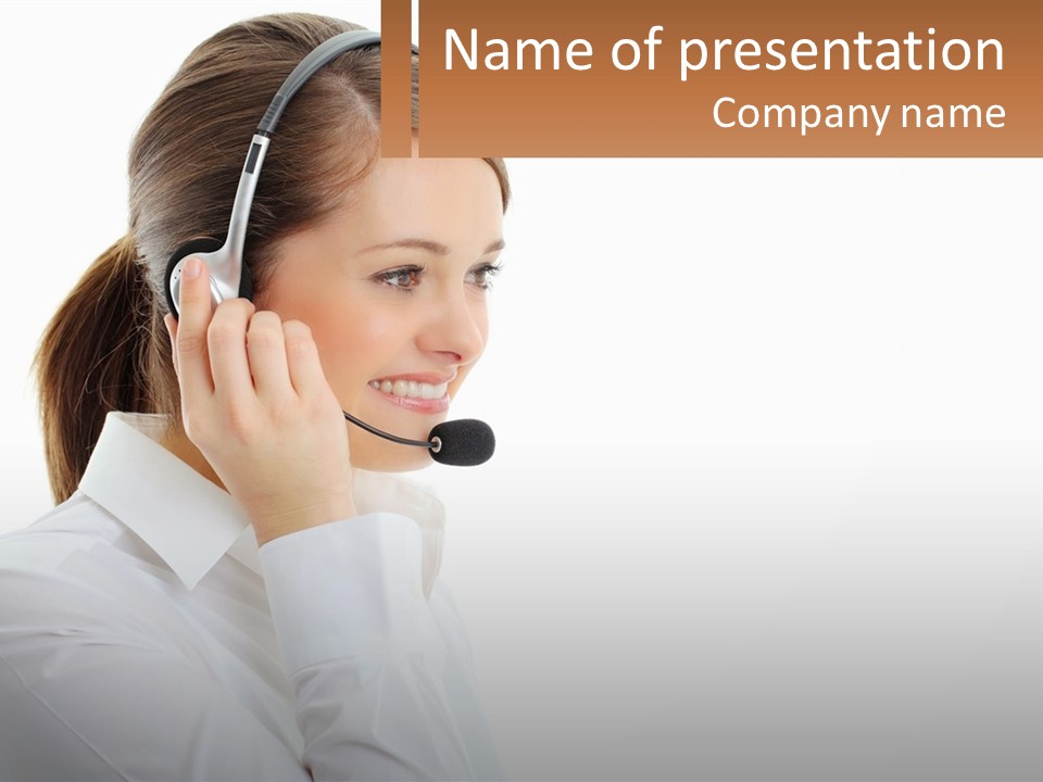 A Woman Wearing A Headset With A Name Tag PowerPoint Template