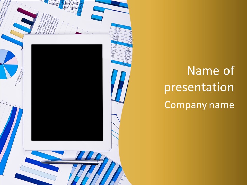 A Tablet On Top Of A Pile Of Papers With A Pen PowerPoint Template