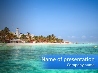 A Beach With Palm Trees And A Lighthouse In The Background PowerPoint Template