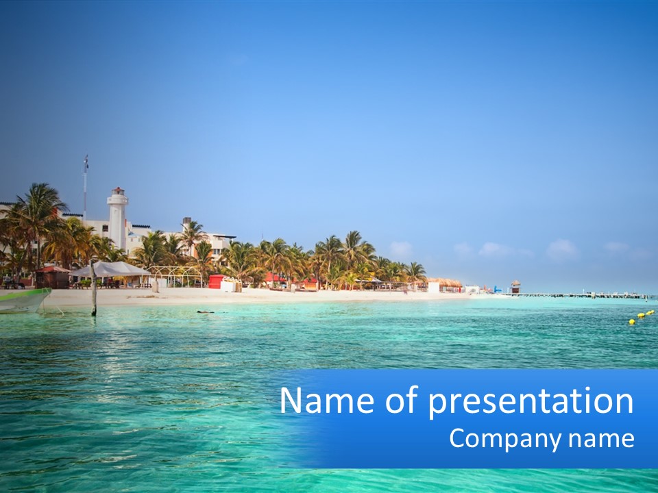 A Beach With Palm Trees And A Lighthouse In The Background PowerPoint Template