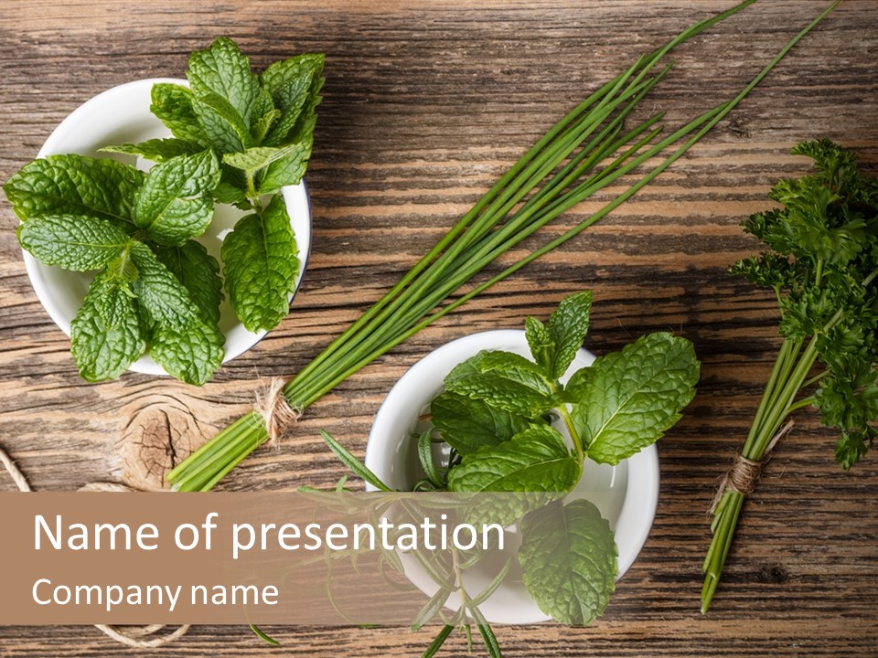 Herbs In Bowls On A Wooden Table Powerpoint Template PowerPoint Template