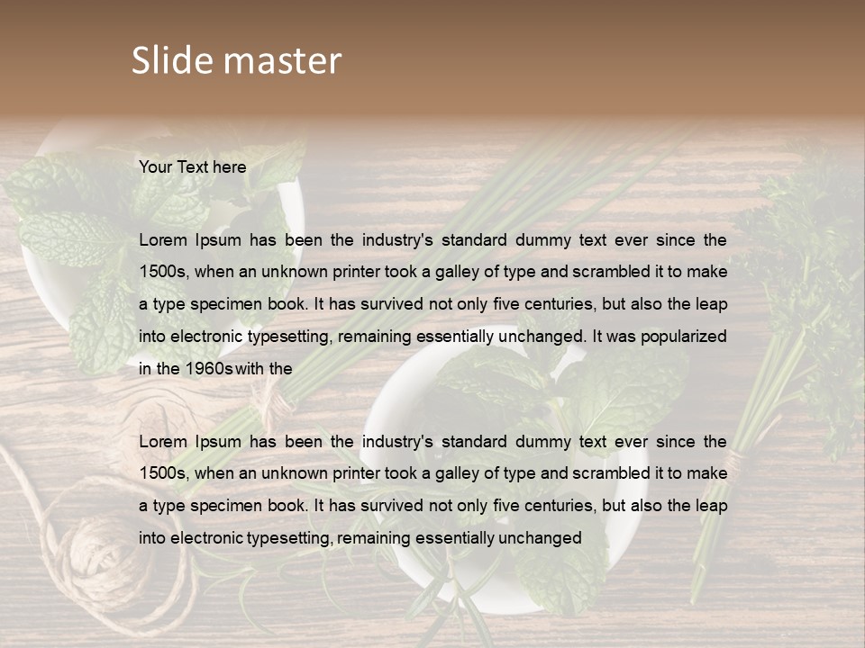 Herbs In Bowls On A Wooden Table Powerpoint Template PowerPoint Template