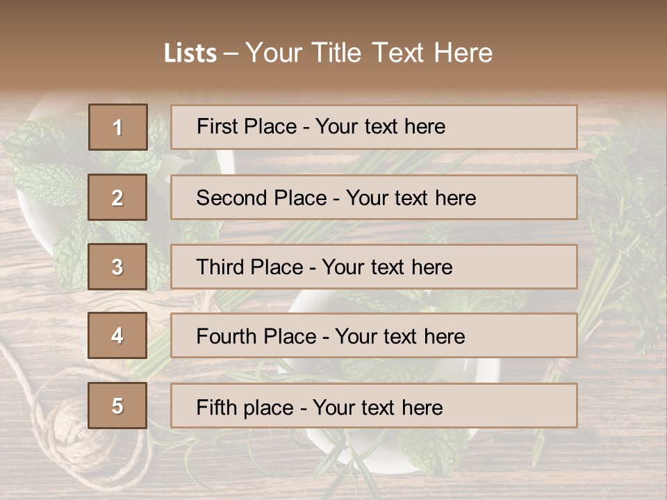 Herbs In Bowls On A Wooden Table Powerpoint Template PowerPoint Template