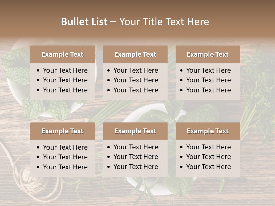 Herbs In Bowls On A Wooden Table Powerpoint Template PowerPoint Template