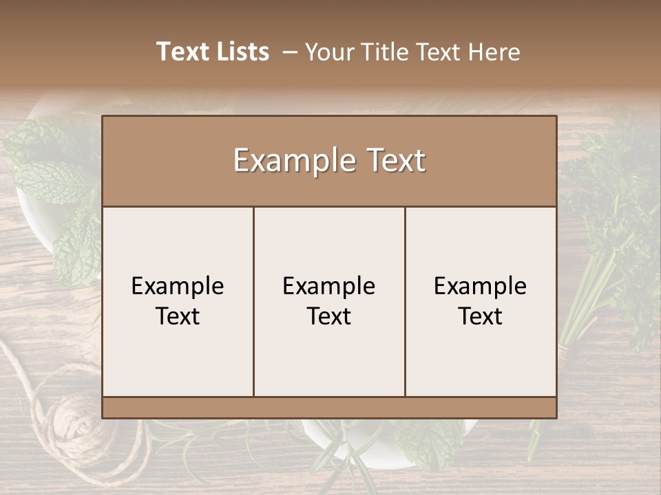 Herbs In Bowls On A Wooden Table Powerpoint Template PowerPoint Template