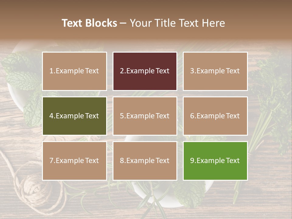 Herbs In Bowls On A Wooden Table Powerpoint Template PowerPoint Template