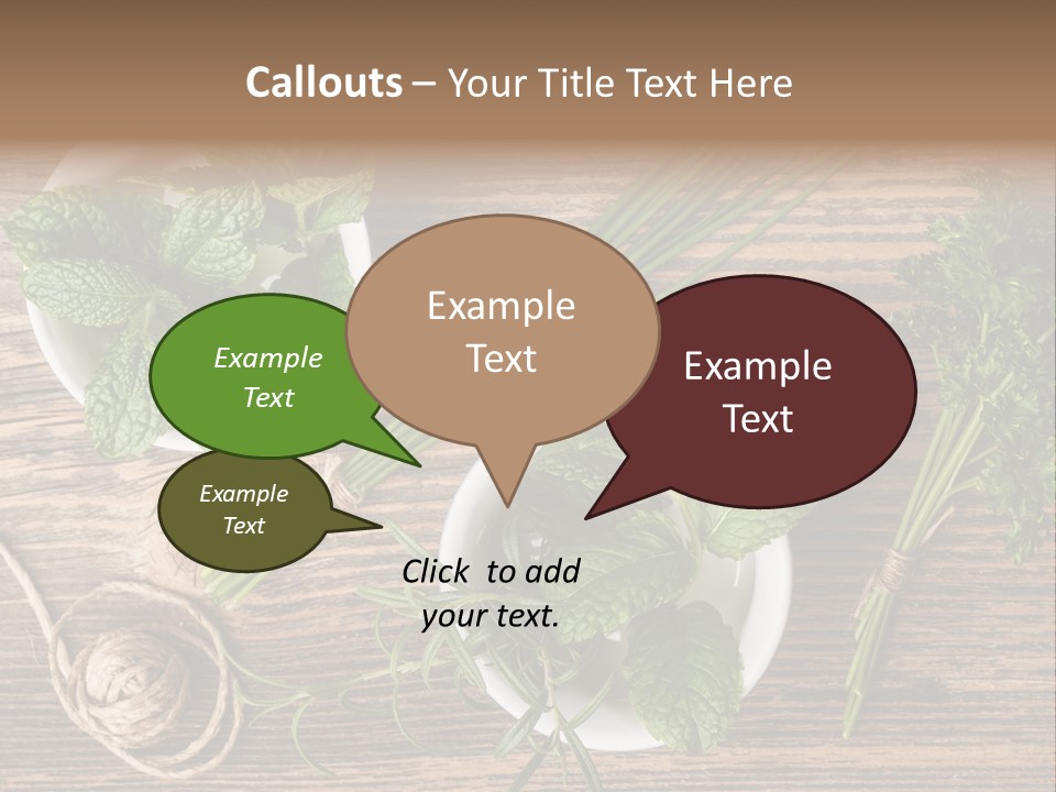 Herbs In Bowls On A Wooden Table Powerpoint Template PowerPoint Template