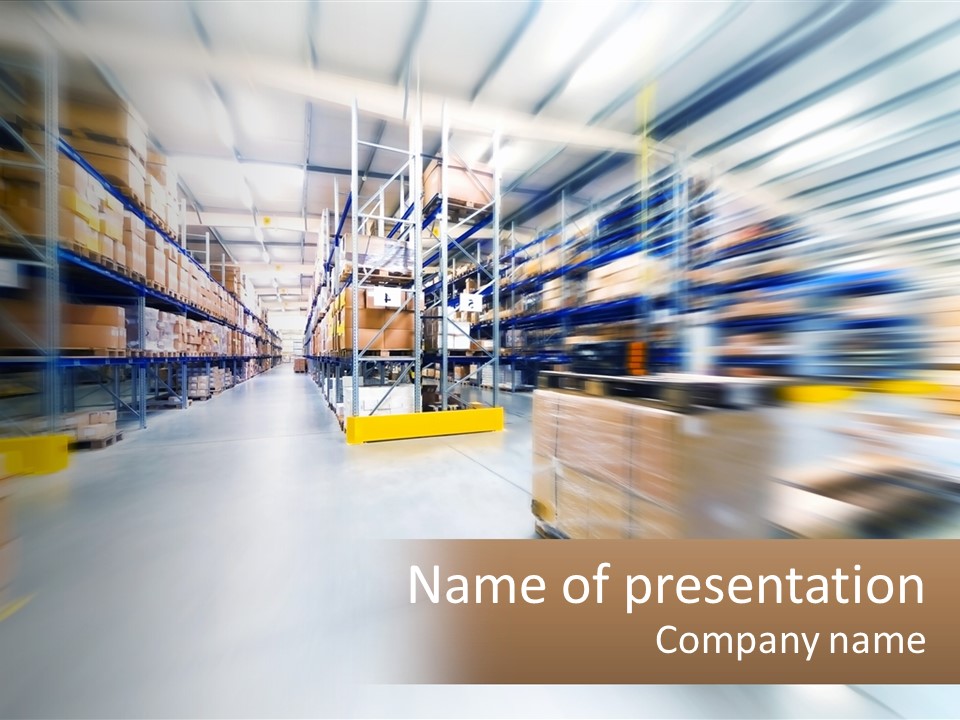 A Blurry Image Of A Warehouse Filled With Boxes PowerPoint Template