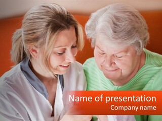 A Woman And An Older Woman Looking At A Cell Phone PowerPoint Template