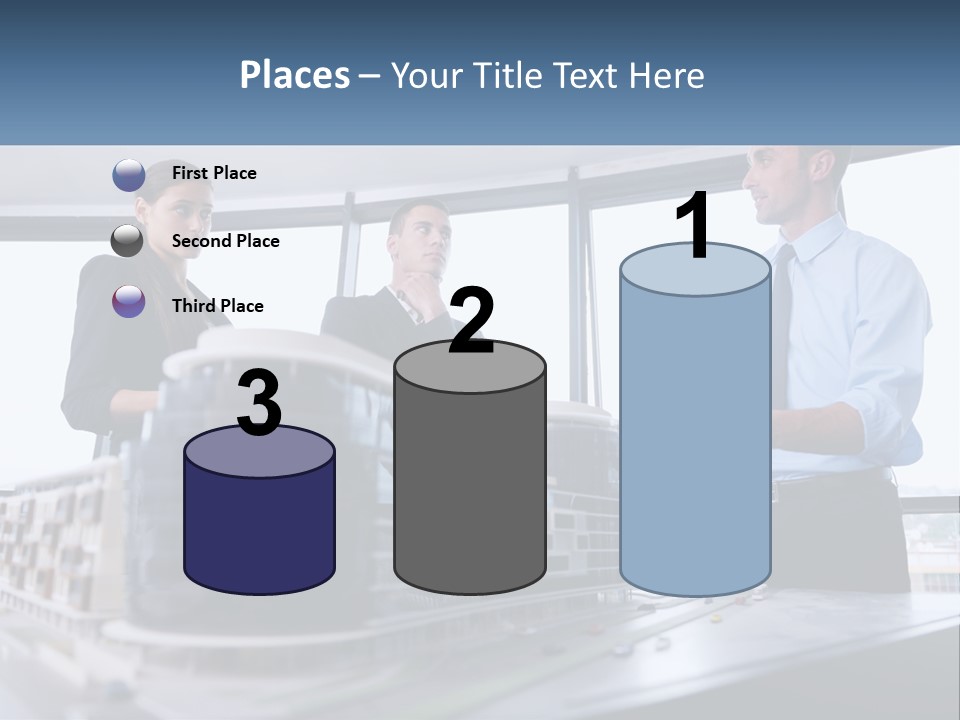 A Group Of People Standing Around A Model Of A Building PowerPoint Template