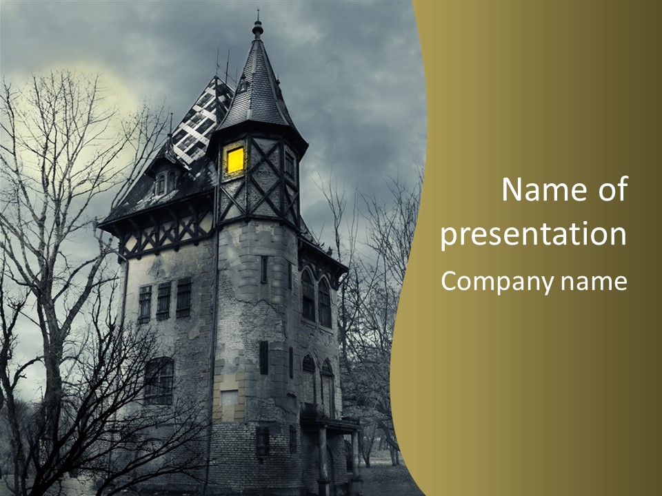 An Old Building With A Yellow Light In The Window PowerPoint Template