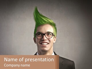 A Man With Green Hair And Glasses Holding A Sign PowerPoint Template